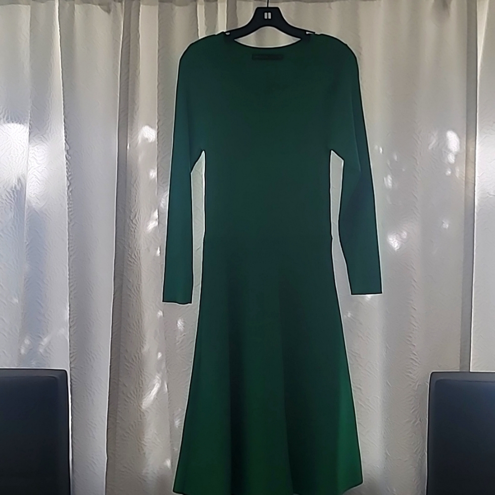 Green knit A-line dress.